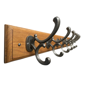 FOWLERS - HANDMADE - Solid OAK coat rack TRADITIONAL style with DIAMOND Natural polished cast iron hooks