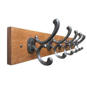 FOWLERS - HANDMADE - Solid OAK coat rack CLASSIC style with DIAMOND Natural polished cast iron hooks