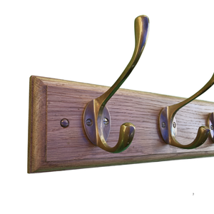 FOWLERS - HANDMADE - Solid OAK coat rack TRADITIONAL style with SOLID BRASS Victorian style hooks