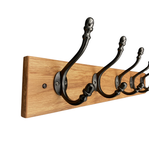 FOWLERS - HANDMADE - Solid OAK coat rack CLASSIC style with BLACK ACORN cast iron hooks