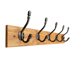 FOWLERS - HANDMADE - Solid OAK coat rack CLASSIC style with BLACK ACORN cast iron hooks