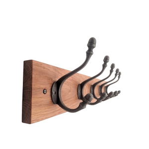 FOWLERS - HANDMADE - Solid OAK coat rack CLASSIC style with ACORN Natural polished cast iron hooks