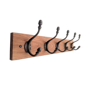 FOWLERS - HANDMADE - Solid OAK coat rack CLASSIC style with ACORN Natural polished cast iron hooks