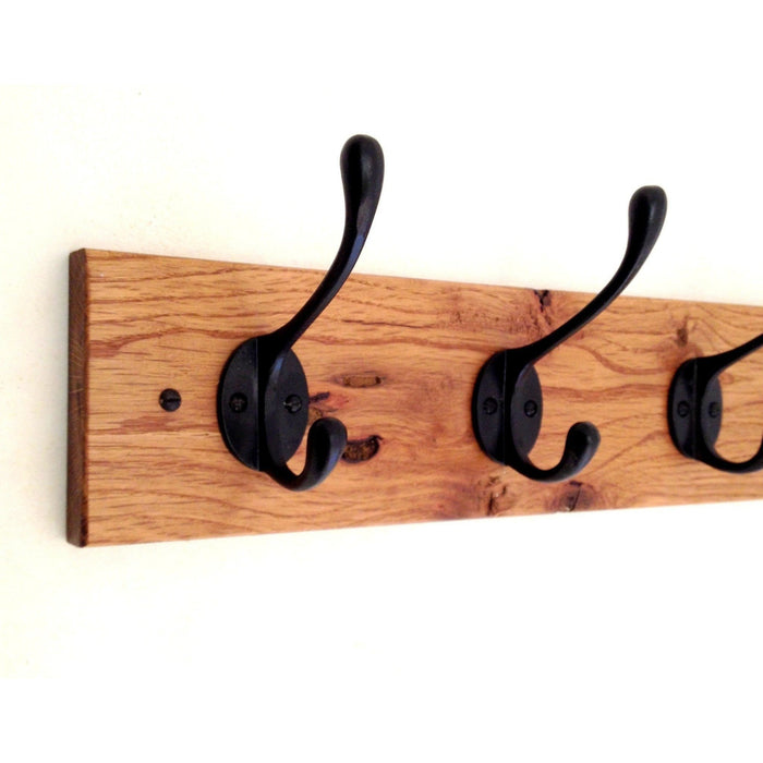 11 sizes - HANDMADE -RUSTIC Solid Oak Wooden Coat Rack - BLACK Cast Iron Hooks .