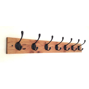11 sizes - HANDMADE -RUSTIC Solid Oak Wooden Coat Rack - BLACK Cast Iron Hooks . - FOWLERS