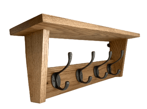 8 Sizes - FOWLERS - HANDMADE - Solid OAK coat rack CLASSIC style with SHELF and VICTORIAN STYLE NATURAL POLISHED cast iron hooks - FOWLERS