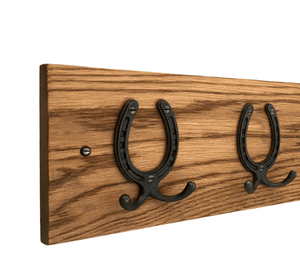 8 sizes - SOLID OAK 'CLASSIC DEEP' OAK COAT RACK - with HORSESHOE Natural polished CAST IRON HOOKS - FOWLERS