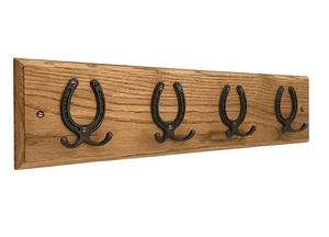 8 sizes - SOLID OAK 'TRADITIONAL DEEP' OAK COAT RACK - with HORSESHOE Natural polished CAST IRON HOOKS - FOWLERS