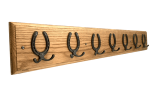 8 sizes - SOLID OAK 'TRADITIONAL DEEP' OAK COAT RACK - with HORSESHOE Natural polished CAST IRON HOOKS - FOWLERS