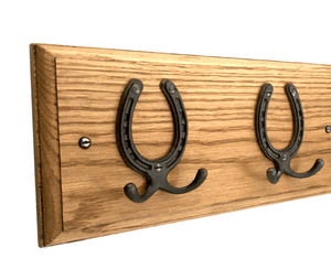 8 sizes - SOLID OAK 'TRADITIONAL DEEP' OAK COAT RACK - with HORSESHOE Natural polished CAST IRON HOOKS - FOWLERS