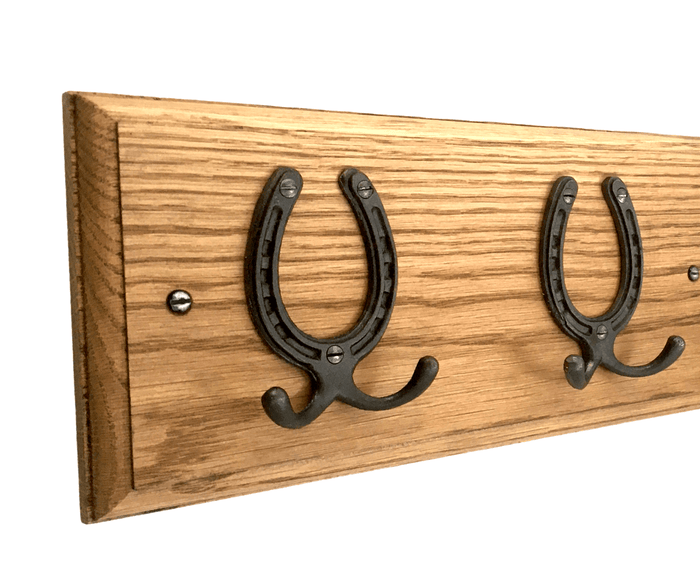 8 sizes - SOLID OAK 'TRADITIONAL DEEP' OAK COAT RACK -  with HORSESHOE Natural polished CAST IRON HOOKS