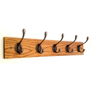 9 sizes - HANDMADE - SOLID OAK CLASSIC WOODEN COAT RACK - Natural polished CAST IRON HOOKS . - FOWLERS