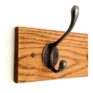 9 sizes - HANDMADE - SOLID OAK CLASSIC WOODEN COAT RACK - Natural polished CAST IRON HOOKS . - FOWLERS