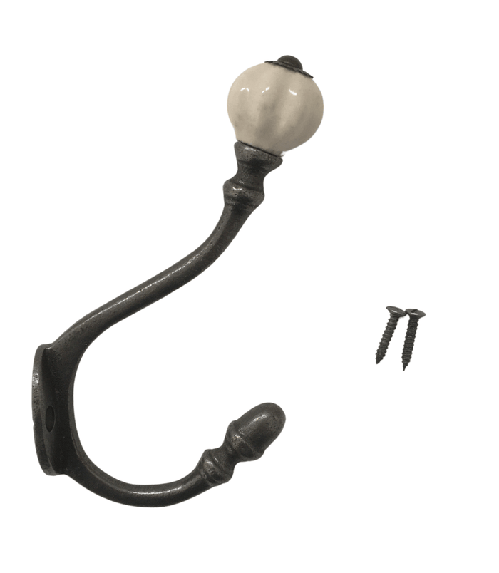 Cast Iron coat hook - ACORN STYLE with OFF WHITE CERAMIC TIP - Natural Polished finish.