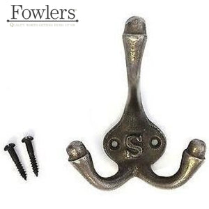 Cast Iron coat hook - TRIPLE STYLE - Natural polished finish. - FOWLERS