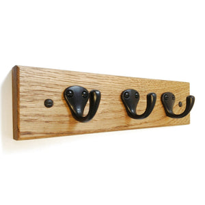 FOWLERS - HANDMADE - SOLID OAK - CLASSIC style BLACK HOOKS KEY RING RACK / DOG LEAD HOOKS - FOWLERS