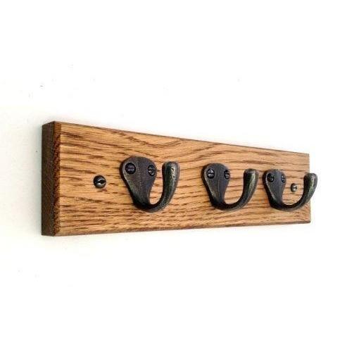 FOWLERS - HANDMADE - SOLID OAK - CLASSIC style NATURAL POLISHED HOOKS KEY RING RACK / DOG LEAD HOOKS