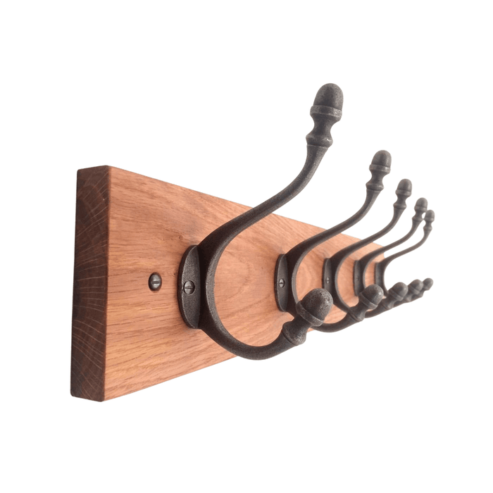 FOWLERS - HANDMADE - Solid OAK coat rack CLASSIC style with ACORN Natural polished cast iron hooks