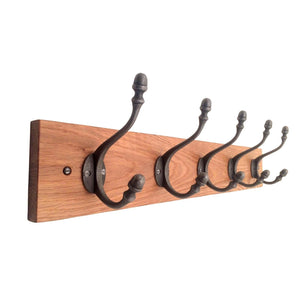 FOWLERS - HANDMADE - Solid OAK coat rack CLASSIC style with ACORN Natural polished cast iron hooks - FOWLERS