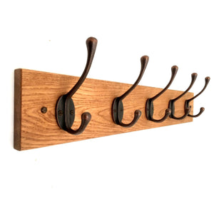 FOWLERS - HANDMADE - Solid OAK coat rack - CLASSIC style with ANTIQUE COPPER FINISH cast iron hooks - FOWLERS