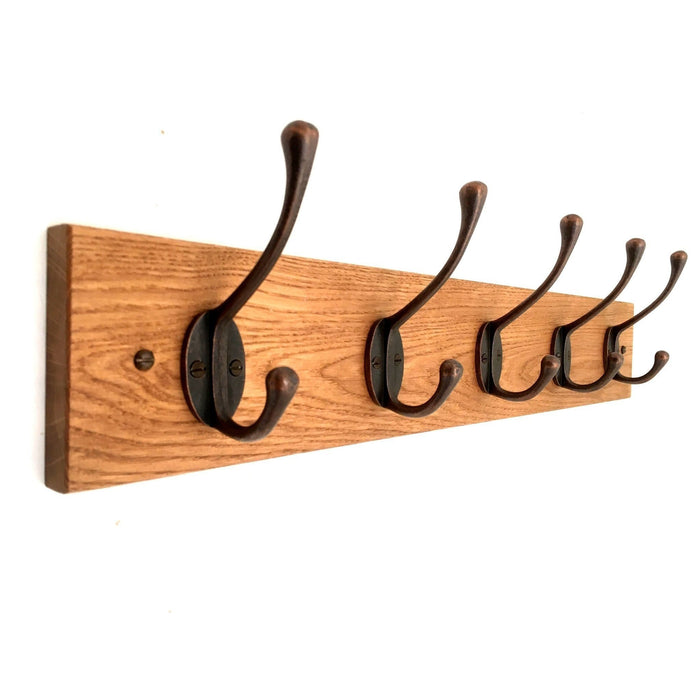 FOWLERS - HANDMADE - Solid OAK coat rack - CLASSIC style with ANTIQUE COPPER FINISH cast iron hooks