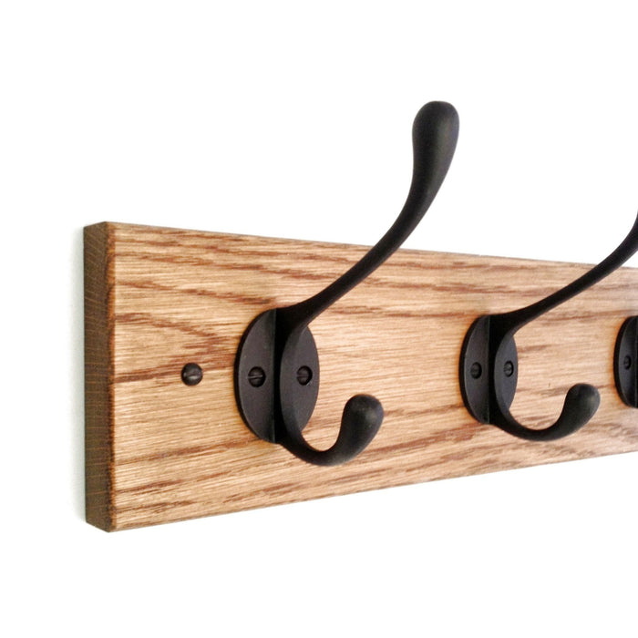 FOWLERS - HANDMADE -  Solid OAK coat rack CLASSIC style with BLACK cast iron hooks