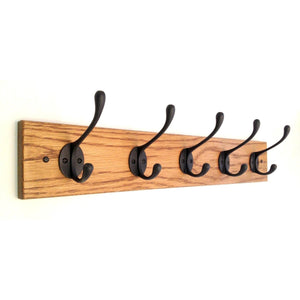 FOWLERS - HANDMADE - Solid OAK coat rack CLASSIC style with BLACK cast iron hooks - FOWLERS