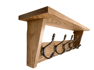 FOWLERS - HANDMADE - Solid OAK coat rack CLASSIC style with SHELF and ACORN NATURAL POLISHED cast iron hooks - FOWLERS