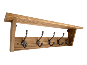 FOWLERS - HANDMADE - Solid OAK coat rack CLASSIC style with SHELF and ACORN NATURAL POLISHED cast iron hooks - FOWLERS