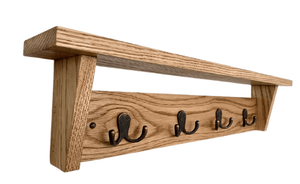 FOWLERS - HANDMADE - Solid OAK coat rack CLASSIC style with SHELF and Double Robe ANTIQUE COPPER FINISH cast iron hooks - FOWLERS