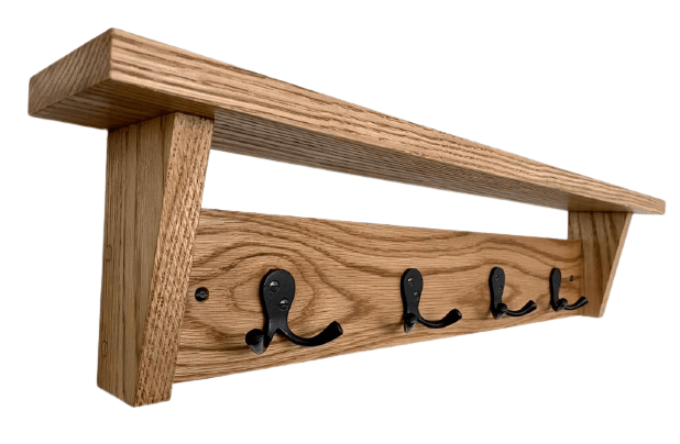 6 Sizes - FOWLERS - HANDMADE -  Solid OAK coat rack CLASSIC style with SHELF and Double Robe BLACK FINISH cast iron hooks