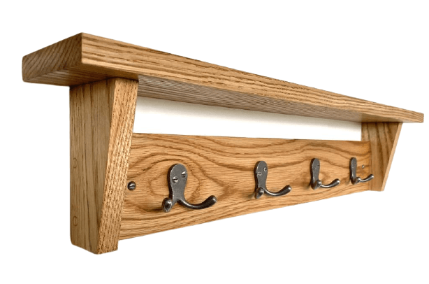 6 Sizes - FOWLERS - HANDMADE -  Solid OAK coat rack CLASSIC style with SHELF and Double Robe NATURAL POLISHED cast iron hooks