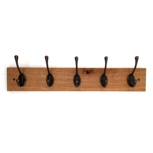 FOWLERS - HANDMADE - Solid OAK coat rack RUSTIC style with ANTIQUE COPPER FINISH cast iron coat hooks - FOWLERS