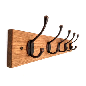 FOWLERS - HANDMADE - Solid OAK coat rack RUSTIC style with ANTIQUE COPPER FINISH cast iron coat hooks - FOWLERS