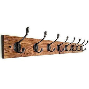 FOWLERS - HANDMADE - Solid OAK coat rack RUSTIC style with NATURAL POLISHED cast iron hooks - FOWLERS