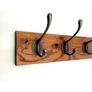 FOWLERS - HANDMADE - Solid OAK coat rack RUSTIC style with NATURAL POLISHED cast iron hooks - FOWLERS