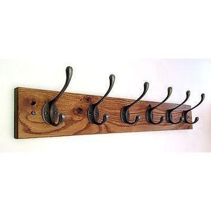 FOWLERS - HANDMADE - Solid OAK coat rack RUSTIC style with NATURAL POLISHED cast iron hooks - FOWLERS