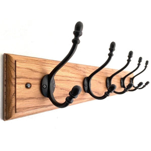 FOWLERS - HANDMADE - Solid OAK coat rack TRADITIONAL style with ACORN cast iron hooks - Black finish - FOWLERS