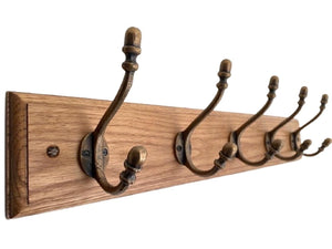 FOWLERS - HANDMADE - Solid OAK coat rack TRADITIONAL style with ACORN cast iron hooks - Brass finish - FOWLERS