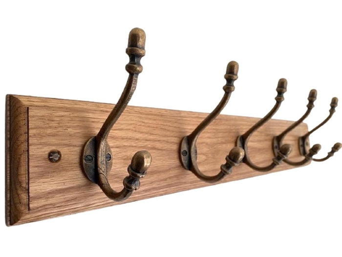 FOWLERS - HANDMADE - Solid OAK coat rack TRADITIONAL style with ACORN cast iron hooks - Brass finish