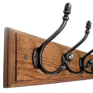 FOWLERS - HANDMADE - Solid OAK coat rack TRADITIONAL style with ACORN Natural polished cast iron hooks - FOWLERS