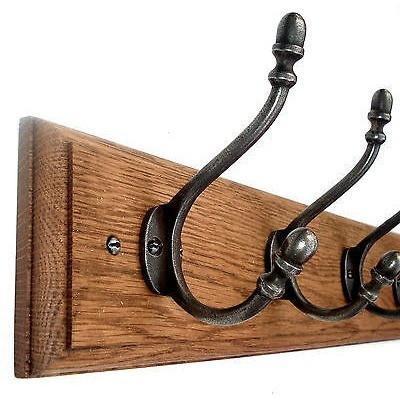 FOWLERS - HANDMADE - Solid OAK coat rack TRADITIONAL style with ACORN Natural polished cast iron hooks