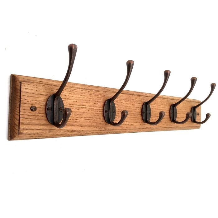 FOWLERS - HANDMADE -  Solid OAK coat rack TRADITIONAL style with ANTIQUE COPPER FINISH cast iron hooks