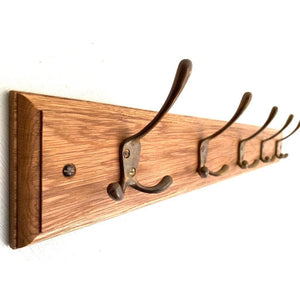 FOWLERS - HANDMADE - Solid OAK coat rack TRADITIONAL style with Antique finish SOLID BRASS Triple hooks - FOWLERS
