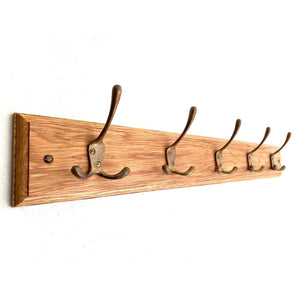 FOWLERS - HANDMADE - Solid OAK coat rack TRADITIONAL style with Antique finish SOLID BRASS Triple hooks - FOWLERS