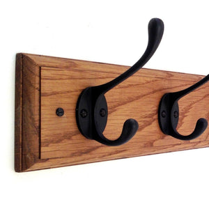 FOWLERS - HANDMADE - Solid OAK coat rack - TRADITIONAL style with BLACK cast iron hooks - 11 sizes available - FOWLERS