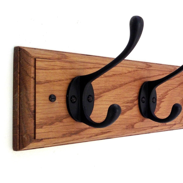 FOWLERS - HANDMADE - Solid OAK wooden coat rack - with BLACK cast iron hooks
