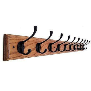 FOWLERS - HANDMADE - Solid OAK coat rack - TRADITIONAL style with BLACK cast iron hooks - 11 sizes available - FOWLERS