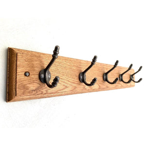 FOWLERS - HANDMADE - Solid OAK coat rack TRADITIONAL style with CHILDS ACORN (small) Natural polished cast iron hooks - FOWLERS