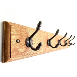 FOWLERS - HANDMADE - Solid OAK coat rack TRADITIONAL style with CHILDS ACORN (small) Natural polished cast iron hooks - FOWLERS